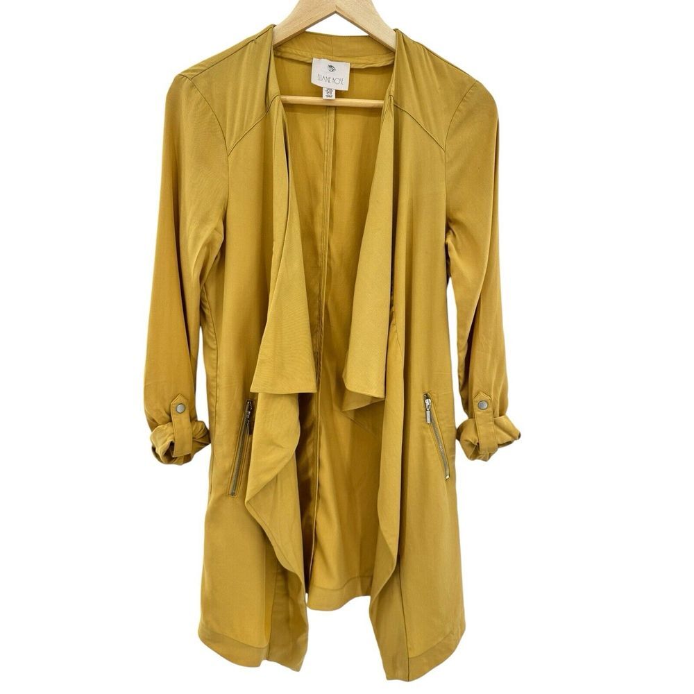 Eliane Rose Mustard‎ Yellow Duster Size Small Zipper Pocket Roll Tab Sleeve